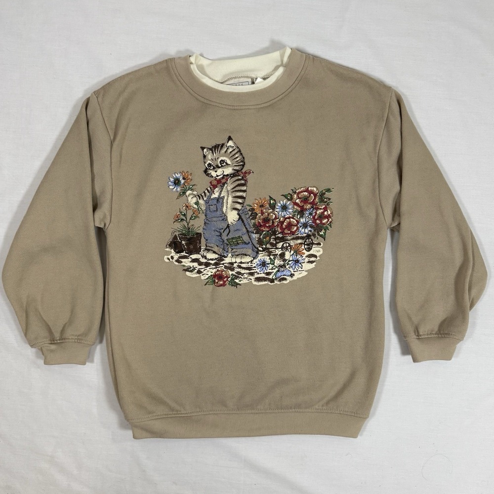 VNTG Tan Color Basic Editions Cat Floral Pullover Sweater Women's Small